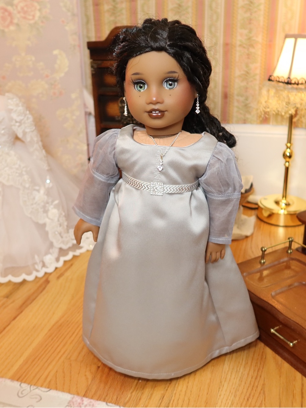 18 Inch American Girl Doll Elegant Silver Gown with Sheer Sleeves